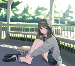 1girl absurdres bare_legs barefoot bird blue_archive blue_eyes bottle bow bowtie cardigan diagonal-striped_bow diagonal-striped_bowtie diagonal-striped_clothes dong_ji green_eyes green_skirt grey_cardigan hair_flaps highres hugging_own_legs knees_up light_smile long_hair long_sleeves looking_at_viewer pleated_skirt school_uniform shoes sitting skirt socks solo striped_bow striped_bowtie striped_clothes tsumugi_(blue_archive) unworn_shoes unworn_socks very_long_hair water_bottle white_bag
