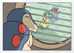 border chikorita closed_eyes commentary cyndaquil english_commentary fangs gen_2_pokemon grass highres looking_through_window meme nintendo no_humans open_mouth parody pokemon pokemon_(creature) pokemon_legends:_z-a red_eyes spongebob_squarepants_(series) squidward_looking_out_the_window_(meme) starter_pokemon_trio totodile wesatinthecar window