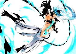 Rule 34 | 1boy, abs, absurdres, alternate form, animal ears, animal feet, arrancar, bleach, bleach: brave souls, blue eyes, blue fire, blue hair, blue sclera, clawed feet, claws, collarbone, colored sclera, commentary, commission, dynamic pose, english commentary, evil grin, evil smile, eyeshadow, fangs, fiery tail, fire, floating, floating hair, full body, glowing scar, grimmjow jaegerjaquez, grin, hair between eyes, highres, hogyoku (bleach), hollow (bleach), incoming attack, jaguar ears, leopard print, ken&#039;ichi (ken1ro u), leg blade, long hair, makeup, male focus, monster boy, multicolored hair, multiple tails, navel, outstretched arm, pointy ears, reaching, reaching towards viewer, resurreccion, scar, second-party source, skeb commission, smile, tail, topless male, two-tone hair, two tails, white background