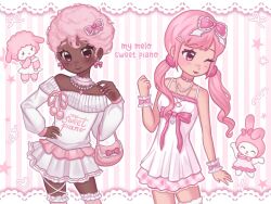 4girls afro bag bow bow_earrings chibi chibikemo choker commentary curly_hair dark-skinned_female dark_skin dress dual_persona earrings english_commentary eyeshadow fashion frilled_choker frilled_thighhighs frills furry furry_and_humanization furry_female hair_bow hair_ornament hairclip hand_on_own_hip handbag heart heart_hair_ornament highres himekaji humanization jewelry lace long_hair looking_at_viewer low_twintails makeup multiple_girls my_melody my_sweet_piano necklace off_shoulder onegai_my_melody pendant pink_bag pink_bow pink_choker pink_eyes pink_eyeshadow pink_hair pink_theme pink_thighhighs pom_pom_(clothes) rabbit_girl sanrio sheep_girl shino_(sh1noart) short_hair skirt striped_background sweater thighhighs twintails very_dark_skin white_choker white_dress white_skirt white_sweater wrist_cuffs