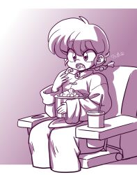 1girl braid chinese_clothes drinking_straw eating food genderswap genderswap_(mtf) highres monochrome open_mouth popcorn ranma-chan ranma_1/2 saotome_ranma single_braid sitting solo tangzhuang wanta_(futoshi)