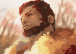 1boy adam&#039;s_apple animated animated_gif beard cape facial_hair fate/grand_order fate_(series) iskandar_(fate) light_smile looking_ahead male_focus mature_male portrait red_eyes red_hair short_hair smile solo square_face thick_neck yueliang_lian_(1570050215)