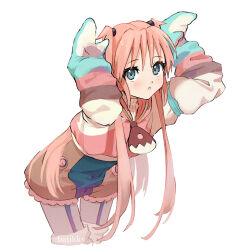 1girl :o aqua_eyes artist_name batikky cropped_jacket hands_up hashtag-only_commentary highres leaning_forward long_hair long_sleeves looking_up mittens pink_hair romaji_commentary shorts solo tone_rion tone_rion_(vocaloid4) twintails very_long_hair vocaloid white_background
