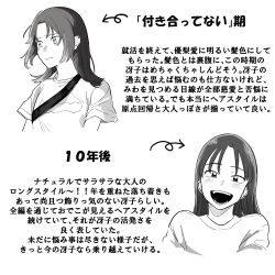 absurdres greyscale highres kashiwano555 monochrome sawatari_saeko shirt solo t-shirt text_focus translation_request tsukiatte_agetemo_ii_kana upper_body