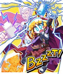 1boy 1girl amerika_zarigani arm_up armor black_eyes black_pants black_shirt blonde_hair blue_eyes blush_stickers breastplate cape chainmail closed_mouth colored_skin commentary_request cookie_(touhou) cosplay eye_trail facial_hair fang full_body hammer helmet highres holding holding_hammer light_trail looking_afar looking_at_viewer manatsu_no_yo_no_inmu marvel miura_daisenpai mjolnir_(marvel) mole mole_under_mouth mustache nadeko_(cookie) open_mouth pants purple_cape red_cape rumia serious shirt short_hair thor_(marvel) thor_(marvel)_(cosplay) touhou v-shaped_eyebrows white_skin yellow_background