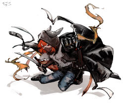 1girl absurdres animal_ear_hood arknights black_boots black_jacket black_shorts boots commentary crownslayer_(arknights) dated denim english_commentary fake_animal_ears fingerless_gloves full_body gloves grey_shirt hair_between_eyes highres holding holding_knife hood hooded_jacket hyena_ears jacket jeans kneeling knife looking_ahead mask mouth_mask orange_ribbon pants pants_under_shorts pppmepl puffy_short_sleeves puffy_sleeves red_eyes red_hair red_tail ribbon shadow sheath shirt short_shorts short_sleeves shorts signature solo torn_clothes torn_jeans torn_pants white_background