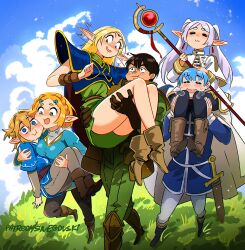 3boys 3girls :3 armor belt blonde_hair blue_eyes blue_jacket blue_sky boots breasts brown_belt brown_boots brown_gloves capelet carrying cloak closed_eyes closed_mouth cloud commentary crossover day deedlit dress ear_wiggle earrings elf english_commentary frieren gloves green_dress green_pants grey_hair highres himmel_(sousou_no_frieren) holding holding_staff jacket jewelry large_breasts link long_sleeves looking_at_another looking_at_viewer mage_staff medium_breasts multiple_boys multiple_crossover multiple_girls nintendo open_mouth outdoors pants parn_(lodoss) patreon_username pointy_ears princess_carry princess_zelda record_of_lodoss_war role_reversal short_sleeves shoulder_carry sky snegovski sousou_no_frieren staff standing standing_on_one_leg the_legend_of_zelda the_legend_of_zelda:_tears_of_the_kingdom thick_eyebrows twintails white_capelet white_cloak white_pants