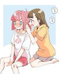 Rule 34 | &gt;:), 2girls, :d, ahoge, alternate color, anyoji hime, anyoji hime (summer loungewear), black ribbon, blue background, blue eyes, blunt sidelocks, blush, border, braid, brown hair, center-flap bangs, collarbone, commentary request, grey shorts, hair ribbon, highres, hood, hoodie, invisible chair, kachimachi kosuzu, kachimachi kosuzu (summer loungewear), kanduki kamibukuro, link! like! love live!, long sleeves, love live!, multi-tied hair, multiple girls, nose blush, open mouth, outside border, pink shorts, ribbon, shirt, short shorts, short sleeves, shorts, side braids, sidelocks, simple background, sitting, smile, t-shirt, v-shaped eyebrows, virtual youtuber, wariza, whispering, whispering in ear, white border, white shirt, yellow hoodie, yuri