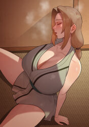 1girl 6no1 belt blonde_hair blush breasts cleavage closed_eyes highres huge_breasts long_hair mature_female naruto_(classic) naruto_(series) naruto_shippuuden ninja open_mouth solo spread_legs sweat sweatdrop tagme thighs tsunade_(naruto)