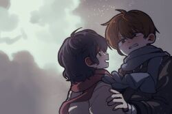 Rule 34 | 1boy, 1girl, alternate costume, black eyes, black hair, black jacket, black necktie, black scarf, brown eyes, brown hair, clenched teeth, dong o0, grey jacket, hair between eyes, hand on another&#039;s arm, hashtag-only commentary, jabuchi you, jacket, long sleeves, medium hair, necktie, open mouth, outdoors, red scarf, saibou shinkyoku, scarf, shirt, short hair, smile, teeth, v-shaped eyebrows, white shirt, winter clothes, yanagi nina