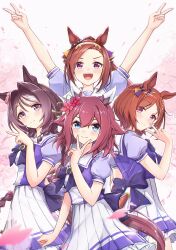 Rule 34 | 4girls, absurdres, blue eyes, blush, breasts, brown hair, cherry blossoms, collarbone, commentary request, highres, horse girl, long hair, looking at viewer, medium breasts, medium hair, multiple girls, petals, pink hair, sakura bakushin o (umamusume), sakura chitose o (umamusume), sakura chiyono o (umamusume), sakura laurel (umamusume), sarasuty, school uniform, smile, tracen school uniform, umamusume, victory club (umamusume)