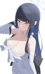 1girl absurdres arm_up back_bow black_bow black_hair blue_archive blue_eyes blunt_bangs bow braid breasts choker cleavage closed_mouth colored_inner_hair covered_navel dress elbow_gloves gloves halo hand_in_own_hair highres large_breasts long_hair multicolored_hair pige_pig ribbon_choker saori_(blue_archive) saori_(dress)_(blue_archive) sidelocks solo strapless strapless_dress white_choker white_dress white_gloves white_halo