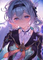 Rule 34 | 1girl, black hairband, black jacket, black ribbon, blue pupils, closed mouth, collared shirt, cropped jacket, firefly (honkai: star rail), frilled sleeves, frills, grey hair, hair between eyes, hair intakes, hair ornament, hair ribbon, hairband, hand in own hair, highres, honkai: star rail, honkai (series), jacket, long sleeves, multicolored eyes, neckerchief, orange neckerchief, pkokonatu, ribbon, shirt, smile, solo, white shirt, white sleeves