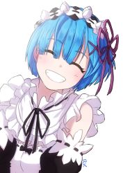 Rule 34 | 1girl, absurdres, blue hair, detached sleeves, closed eyes, facing viewer, grin, highres, maid, maid headdress, re:zero kara hajimeru isekai seikatsu, rem (re:zero), rv (gvdn7245), short hair, smile, solo