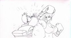 1boy 1girl boxing_gloves breasts large_breasts monochrome restrained sketch tagme