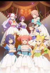 6+girls ahoge bare_shoulders black_hair blonde_hair blue_bow blue_eyes blush bow breasts brown_hair choker cleavage dress gloves green_eyes hair_bow hair_ornament hiiragi_noa_(world_dai_star) kathrina_griebel large_breasts long_hair looking_at_viewer medium_breasts multiple_girls niizuma_yae official_art one_eye_closed ootori_kokona open_mouth pink_hair ponytail purple_eyes purple_hair red_eyes ribbon sasuga_chisa shizuka_(world_dai_star) short_hair smile sparkle twintails very_long_hair white_gloves world_dai_star yanagiba_panda