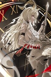 1girl absurdres arm_strap bare_shoulders black_gloves black_horns black_pants black_tail blonde_hair breasts bright_pupils closed_mouth commentary cowboy_shot curled_horns english_commentary from_side gloves greatsword highres holding holding_sword holding_weapon horns large_breasts light_smile long_hair looking_at_viewer necktie necktie_around_wrists pants red_eyes red_necktie shiraitoart983 shirt shirt_tucked_in sideboob sideways_glance solo sword tight_clothes tight_pants torn_clothes torn_shirt weapon white_pupils white_shirt wuthering_waves zani_(wuthering_waves)
