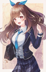 1girl :d absurdres bag blue_bow blue_jacket blue_necktie blue_skirt blush border bow brown_hair collared_shirt cowboy_shot dress_shirt floating_hair grey_vest hair_bow high_ponytail highres idolmaster idolmaster_shiny_colors jacket long_hair necktie open_clothes open_jacket open_mouth open_vest outside_border partially_unbuttoned plaid_clothes plaid_skirt ponytail prana_(prana12) red_eyes school_bag school_uniform shirt skirt smile solo standing tsukioka_kogane very_long_hair vest white_border white_shirt wing_collar