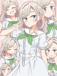 +_+ 1girl 2025 :o ^_^ absurdres blue_eyes blush ceras_yanagida_lilienfeld closed_eyes closed_mouth collarbone commentary_request cowboy_shot dress expressionless green_neckerchief grey_hair grin hair_ribbon hashtag hasu_no_sora_school_uniform highres kanzaki_gou link!_like!_love_live! long_hair love_live! multiple_views neckerchief parted_lips pink_background pink_ribbon pleated_dress puffy_short_sleeves puffy_sleeves ribbon sailor_collar sailor_dress school_uniform short_sleeves smile summer_uniform u_u virtual_youtuber w white_dress white_sailor_collar