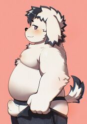 1boy 5yodarkmagic animal_ears bara belly blush bulge closed_mouth clothes_pull commentary_request dog_boy dog_ears dog_tail fat fat_man furry furry_male heart_pupils highres i&#039;ve_never_seen_a_guy_recreate_this_successfully_tbh_(meme) looking_at_viewer male_focus male_underwear meme nipples pants pants_pull pink_background precum precum_through_clothes profile smile tail tajima_(tamacolle) tamacolle topless_male underwear white_male_underwear