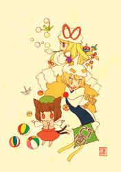 3girls :&gt; animal_ears ball blonde_hair blowing_bubbles bow bowtie brown_hair bubble cat_ears cat_girl cat_tail chen chibi dress female_focus fox_tail hammer hat kite long_sleeves multiple_girls multiple_tails nekomata origami paper_crane purple_eyes red_eyes simple_background sleeves_past_wrists spinning_top tail takanashi_minato touhou two_tails yakumo_ran yakumo_yukari yellow_background yellow_eyes