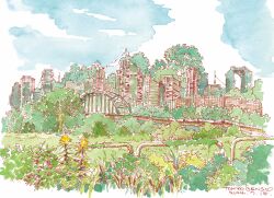 Rule 34 | abandoned, absurdres, blue sky, bridge, brown flower, building, cloud, dated, dilapidated, flower, grass, highres, no humans, original, outdoors, overgrown, post-apocalypse, railing, ruins, scenery, signature, sky, skyscraper, tokyogenso, traditional media, tree