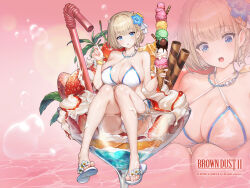:o bikini blonde_hair blue_eyes bob_cut breasts brown_dust_(series) brown_dust_2 cherry cleavage commentary_request drinking_straw flower food fruit hair_flower hair_ornament highres holding holding_food holding_ice_cream horns ice_cream ice_cream_cone justia_(brown_dust) large_breasts logo looking_at_viewer multiple_views official_alternate_costume official_art oversized_food oversized_object parfait sandals sitting_on_food strawberry swimsuit wet white_bikini white_sandals