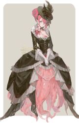 1girl absurdres black_dress black_hat blood border breasts cleavage commission dress full_body gloves grey_eyes hair_over_one_eye hat highres looking_at_viewer monster_girl original pink_hair solo tentacles white_border white_gloves xi_xishao