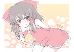 arm_behind_back bare_arms blush bow brown_hair closed_mouth collar collared_shirt commentary_request cowboy_shot frilled_collar frilled_skirt frills hair_bow hair_tubes hakurei_reimu hand_in_own_hair looking_at_viewer medium_hair red_eyes red_shirt red_skirt sarashi shiohachi shirt skirt sleeveless sleeveless_shirt solo touhou yellow_neckwear