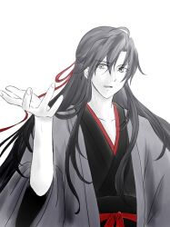 1boy ahoge bishounen black_hair black_hanfu chinese_clothes coat grey_coat hair_between_eyes hair_down hair_ribbon half_updo hand_up hanfu highres long_hair looking_at_viewer male_focus modao_zushi monochrome official_alternate_costume official_alternate_hairstyle open_clothes open_coat open_mouth parrrrrrrrko parted_lips red_ribbon red_sash ribbon robe sash sidelocks simple_background smile solo spot_color upper_body wei_wuxian wei_wuxian_(yiling_laozu) white_background wide_sleeves