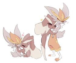 1boy 1girl alternate_color animal_ears animal_hands animal_nose blush body_fur bright_pupils brown_fur cinderace closed_eyes creatures_(company) full_body furry furry_female furry_male game_freak gen_4_pokemon gen_8_pokemon grey_fur heart hetero highres hug looking_at_another lopunny masayo_(skip) nintendo open_mouth orange_fur orange_pants pants pokemon pokemon_(creature) rabbit_ears rabbit_girl rabbit_tail shiny_pokemon simple_background smile standing tail two-tone_fur white_background white_fur white_pupils yellow_eyes yellow_fur