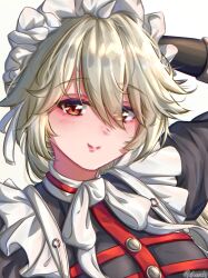 1girl absurdres alexandrina_sebastiane grey_hair hair_between_eyes highres long_hair looking_at_viewer maid maid_headdress red_eyes screw_hair_ornament simple_background smile white_background zenless_zone_zero