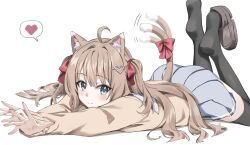 1girl absurdres ahoge animal_ears black_thighhighs blue_eyes blue_skirt blush bow brown_hair cardigan cat_ears cat_girl cat_tail commentary english_commentary hair_between_eyes hair_ornament hair_ribbon heart heart_hair_ornament highres long_hair long_sleeves lying neuro-sama on_stomach pleated_skirt red_nails red_ribbon ribbon scarlet_(wv0102) skirt smile solo spoken_heart tail tail_ornament tail_ribbon tail_wagging thighhighs two_side_up unworn_shoe vedal_ai virtual_youtuber yellow_cardigan