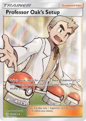 1boy artist_name breast_pocket brown_shirt card_(medium) character_name coat collared_shirt company_name copyright_name copyright_notice english_text grey_hair lab_coat long_sleeves male_focus nabana_kensaku nintendo official_art open_clothes open_coat open_mouth outstretched_arms pen pocket poke_ball poke_ball_(basic) pokemon pokemon_card pokemon_lgpe pokemon_tcg samuel_oak shirt short_hair solo spread_arms teeth third-party_source trading_card upper_body upper_teeth_only white_coat