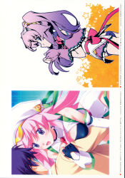 1girl 2girls absurdres arm_garter arm_hug arm_strap ass back_bow bandeau between_breasts black_arm_garter black_bandeau black_bra blood_tune blush bow bowtie bra breast_press breasts butt_crack capelet chaos;head chaos;head_love_chu_chu! cleavage cleavage_cutout clothing_cutout collared_shirt detached_sleeves drooling ears_visible_through_hair erin-fray_orgel exif_rotation fingerless_gloves frilled_capelet frilled_gloves frilled_skirt frills from_side gloves hair_between_eyes hair_ornament hat high_collar highres hip_vent jacket long_hair looking_at_another looking_at_viewer matsuo_yukihiro mouth_drool multiple_girls necktie necktie_between_breasts nishijou_takumi non-web_source off-shoulder_capelet official_art open_mouth panties pink_hair purple_capelet purple_eyes purple_hair purple_panties red_bow red_bowtie red_necktie ribbon saliva school_uniform seira_orgel shiny_skin shirt skirt smile solo star_(symbol) strap stray_hair suimei_academy suimei_school_uniform thighs twintails underwear white_hat