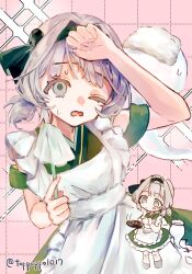 1girl alternate_costume apron commentary_request cooking duster fried_egg frilled_hairband frills frying_pan green_hairband green_kimono grey_eyes grey_hair hairband highres hitodama holding holding_duster holding_frying_pan japanese_clothes kimono konpaku_youmu konpaku_youmu_(ghost) maid multiple_views one_eye_closed open_mouth sweat toppoppo1017 touhou twitter_username wa_maid white_apron