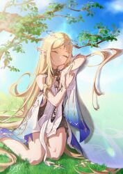 Rule 34 | 1girl, absurdres, bare legs, bare shoulders, black collar, black dress, blue sky, bubble, cartethyia (wuthering waves), closed eyes, closed mouth, collar, commentary, crown of thorns, day, dress, earrings, highres, jewelry, lanoyee, legs, necklace, on grass, outdoors, parted bangs, pointy ears, sidelocks, sky, sleeping, solo, tabard, tacet mark (wuthering waves), thighs, white tabard, wuthering waves
