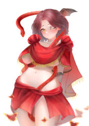 1girl absurdres alternate_breast_size alternate_costume animal ashencrow blush borrowed_clothes breasts brown_hair bug butterfly cape closed_mouth commentary_request cosplay elden_ring facial_tattoo fromsoftware highres insect large_breasts looking_at_viewer melina_(elden_ring) messmer_the_impaler messmer_the_impaler_(cosplay) navel one_eye_closed red_butterfly red_cape red_snake revealing_clothes short_hair signature simple_background snake stomach tattoo white_background yellow_eyes