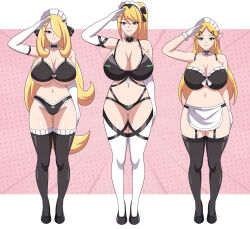 Rule 34 | 3girls, abysswatchers, alternate costume, alternate hairstyle, apron, bare shoulders, bikini, blonde hair, blue eyes, breasts, crossover, cynthia (pokemon), detached sleeves, full body, garter straps, gloves, green eyes, huge breasts, hypnosis, long hair, maid, maid headdress, metroid, mind control, multiple girls, navel, nintendo, one eye covered, pink background, pointy ears, pokemon, pokemon dppt, polka dot, polka dot background, princess zelda, salute, samus aran, shoes, short hair, swimsuit, the legend of zelda, the legend of zelda: breath of the wild, thighhighs