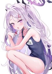 1girl bare_legs blue_archive breasts feet_out_of_frame halo highres hina_(blue_archive) long_hair name_tag one-piece_swimsuit open_mouth purple_eyes purple_hair school_swimsuit simple_background sleeveless small_breasts solo swimsuit thighs very_long_hair white_background yonako_(123456nya)