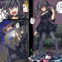 1girl @_@ ^^^ beamed_quavers bemani black_dress bottle brand_name_imitation breasts chestnut_mouth cleavage comic commentary_request dance_dance_revolution dress drill_hair english_text gothic_lolita grey_hair grey_pantyhose hair_between_eyes hair_ornament hair_scrunchie heavy_breathing highres i_wanna_be_the_guy idolmaster idolmaster_cinderella_girls kanzaki_ranko lolita_fashion long_sleeves lying medium_breasts monikano monitor musical_note no_shoes on_side open_mouth pantyhose parody playing_games pocari_sweat profile red_eyes screaming scrunchie short_hair short_sleeves solo_focus spoken_musical_note sweat tears the_guy the_kid tired translation_request trembling tsurime twin_drills twintails water_bottle wavy_mouth wide_sleeves