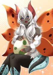 Rule 34 | 1boy, absurdres, black pantyhose, blue eyes, boots, commentary request, dark-skinned male, dark skin, detached sleeves, egg, emulume, fangs, gen 5 pokemon, green footwear, hair between eyes, half-closed eyes, heart, highres, holding, holding egg, horns, invisible chair, long hair, looking at viewer, moth boy, nintendo, open mouth, outline, pantyhose, personification, pokemon, pokemon egg, sitting, sparkle, tail, trap, vest, volcarona, white hair, wings