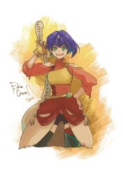 1girl aged_up asymmetrical_hair bike_shorts black_shorts black_thighhighs breasts brown_gloves character_name clothing_cutout crop_top earrings eiko_carol final_fantasy final_fantasy_ix gem gloves green_eyes green_gemstone hand_on_own_hip holding holding_instrument horns instrument jewelry kneeling medium_breasts open_mouth orange_shirt purple_hair red_skirt shirt shirt_under_shirt short_hair shorts shoulder_cutout single_horn skirt smile solo takase_toho thighhighs twitter_username weapon weapon_on_back yellow_shirt