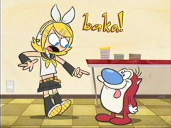 1girl 1other 2000s_(style) angry animal animal_ears black_sailor_collar black_sleeves blonde_hair blue_eyes bow cartoonized cat commentary detached_sleeves english_commentary gloves hair_bow hair_ornament hair_ribbon hairclip headphones headset highres kagamine_rin kitchen kneehighs leg_warmers lolwutburger nickelodeon open_mouth parody pointing ren_&amp;_stimpy ribbon sailor_collar shirt shoes short_hair shorts simple_background sleeveless sleeveless_shirt smile socks solo stimpy tongue toon_(style) treble_clef vocaloid watermark white_bow white_ribbon white_shirt yellow_bow yellow_ribbon yellow_shoes