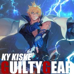 1boy absurdres arc_system_works belt blonde_hair blue_eyes closed_mouth copyright_name fingerless_gloves from_above gloves guilty_gear guilty_gear_strive hichi highres holding holding_weapon jacket jacket_on_shoulders ky_kiske lightning lightning_bolt_symbol looking_at_viewer male_focus muscular night night_sky short_hair sky solo star_(sky) sword weapon white_jacket