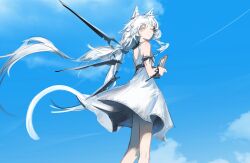 1girl absurdres animal_ear_fluff animal_ears arknights armband bare_legs blue_sky cat_ears cat_girl cat_tail dress highres holding holding_picture_frame long_hair looking_at_viewer looking_back low-tied_long_hair mechanical_wings nueegochi official_alternate_costume one_eye_closed outdoors picture_frame rosmontis_(arknights) rosmontis_(become_anew)_(arknights) sidelocks sky solo tail white_dress white_hair wings