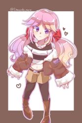 alternate_costume alternate_hairstyle boots coat pink_hair purple_eyes saiko_(smg4) shirt short smg4 striped_clothes striped_shirt thighhighs twintails