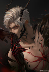 1boy 1girl absurdres artist_name black_horns chest_jewel chest_tattoo claws collarbone colored_extremities dragon_boy dragon_claw dragon_horns gem highres horns kiss kissing_hand looking_at_another love_and_deepspace parted_bangs pectorals protagonist_(love_and_deepspace) red_eyes red_gemstone short_hair sylus_(love_and_deepspace) tattoo upper_body watermark weibo_username weibo_watermark white_hair yi_morning