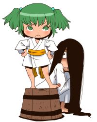 2girls :&lt; barefoot black_eyes black_hair bucket feet female_focus green_eyes green_hair hair_bobbles hair_ornament hands_on_own_hips japanese_clothes kimono kisume kizuato long_hair multiple_girls onikobe_rin sash short_hair simple_background the_ring touhou twintails yamamura_sadako yukata