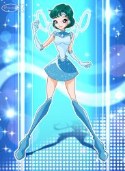 1girl adapted_costume bad_id bad_twitter_id bare_shoulders bishoujo_senshi_sailor_moon blue_background blue_boots blue_eyes blue_skirt blue_wings boots cartoonized chocofish circlet closed_mouth commentary dress elbow_gloves english_commentary eyelashes fairy fairy_wings fighting_stance full_body gloves green_hair halftone halftone_background happy heattech_leotard infinity_symbol legs_up leotard light_particles lipstick looking_at_viewer magical_girl makeup miniskirt mizuno_ami outline parody pink_lips sailor_mercury shadow short_hair skirt smile solo sparkle standing style_parody thigh_boots toon_(style) turtleneck twitter_username watermark white_gloves white_leotard white_outline wings winx_club
